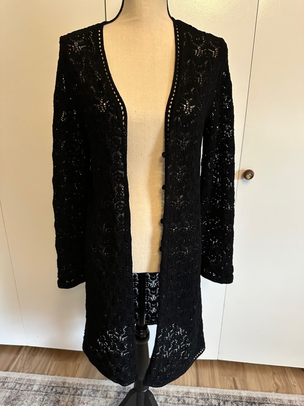 Black Crochet Longline Women's Sweater Cardigan